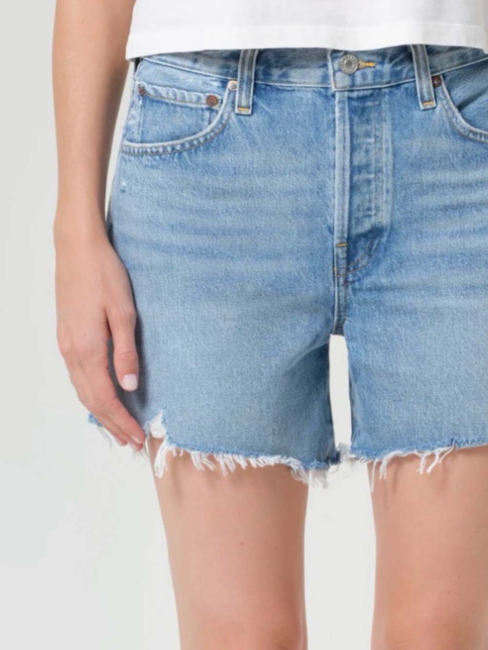 NWT Agolde Parker Long Swapmeet Light Blue Distressed Denim Cutoff Shorts SZ 27 - Picture 7 of 16